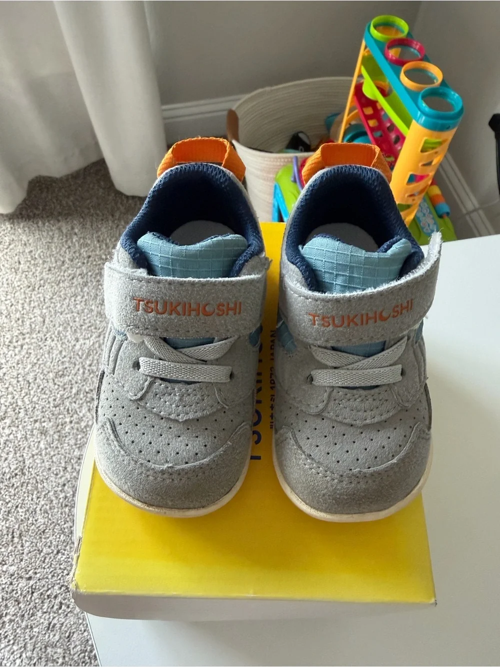 Tsukihoshi Gray Sneakers with Blue and Orange Accents